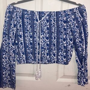 Blue and white floral paisley design, long sleeve off shoulder crop top